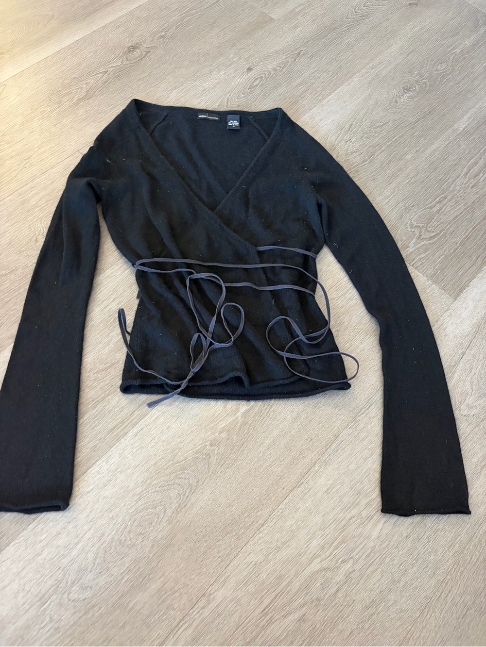 Moda international silk cashmere Black Wrap-Front Long Sleeve Top ballerina